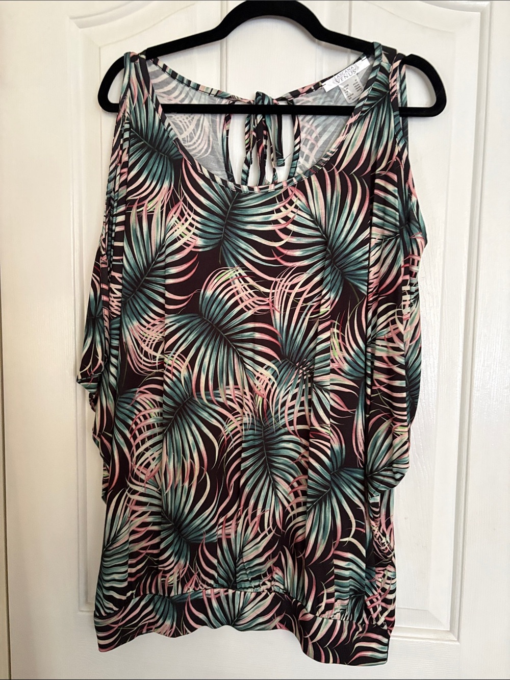 Venus Tropical Cold-Shoulder Blouse in Teal & Pink